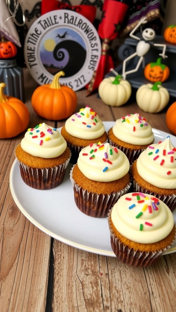 Pumpkin spice cupcakes with cream cheese frosting and sprinkles on a rustic table.